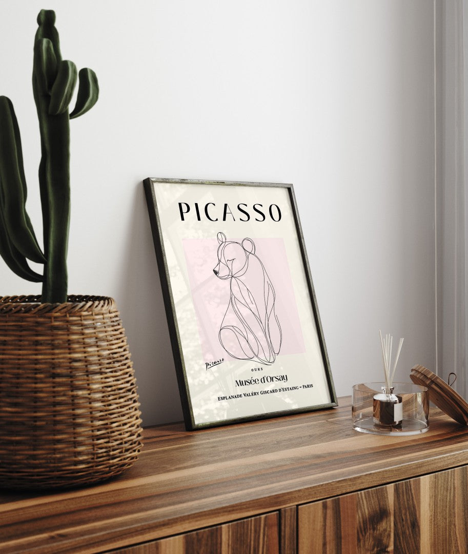 Picasso bear line drawing framed wall decor modern style