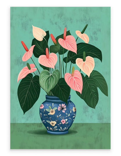 Anthurium flower art print with pink and cream blooms in decorative vase