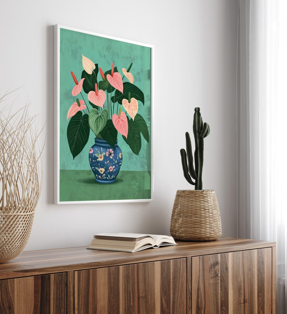 Botanical framed art print with pink flowers in decorative blue vase