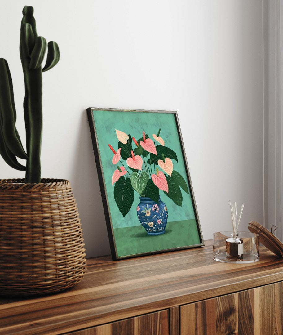 Modern floral framed art print with anthurium arrangement in painted vase