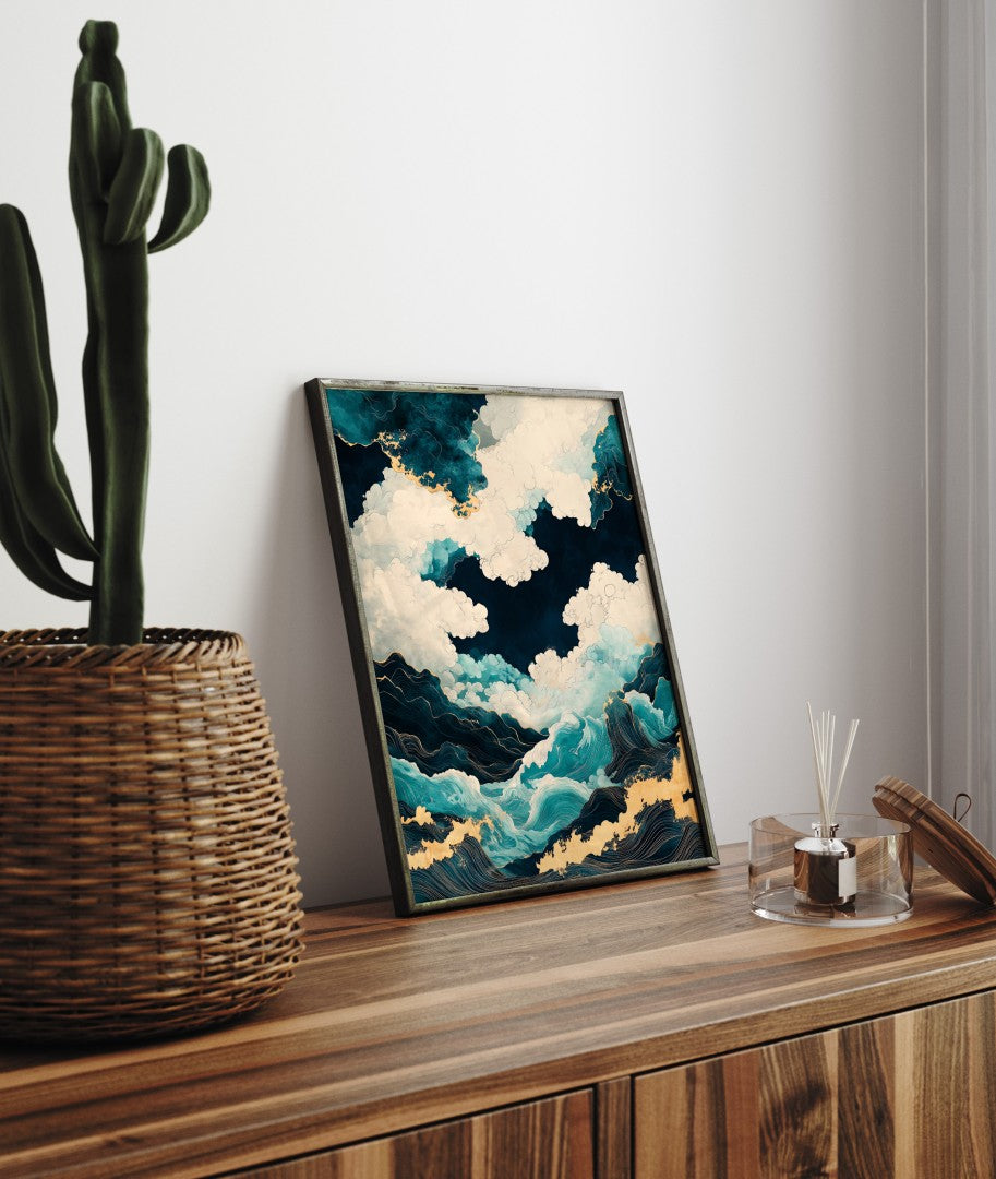 Contemporary teal and gold seascape framed art print with dramatic waves