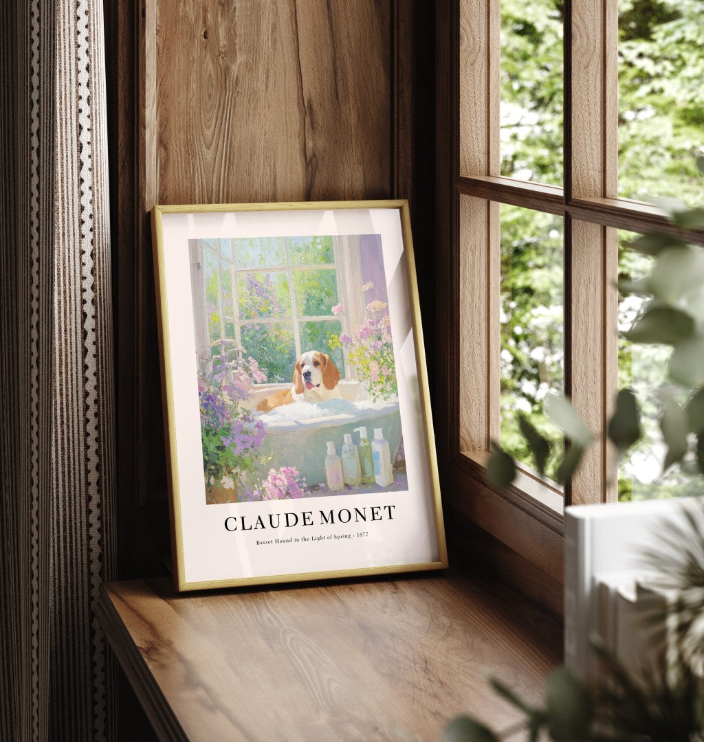 Framed Basset Hound bathroom wall art print inspired by Monet with spring blossoms