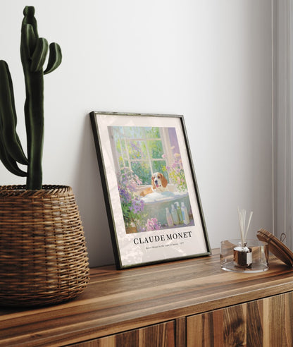 Basset Hound in bathtub framed bathroom print in Monet inspired impressionist style