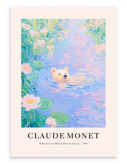 Bear swimming in water lilies pond, impressionist art print in Monet style