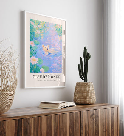 Monet-inspired bear swimming in lily pond, framed impressionist art print
