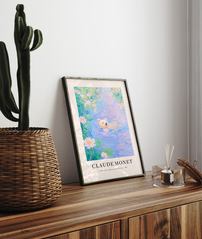 Serene bear among water lilies in pastel colors, framed Monet style art print