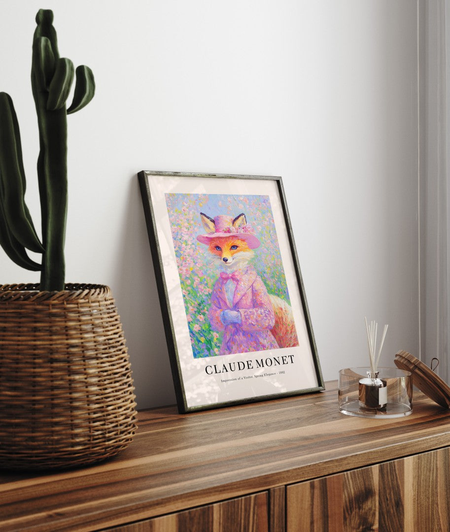 Claude Monet inspired fox impressionist framed art print with pastel colors