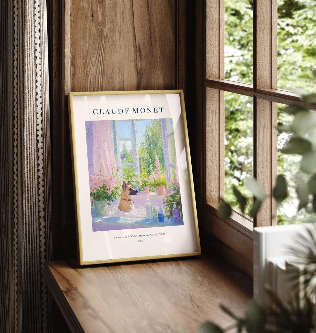 Framed Belgian Malinois bathroom wall art print inspired by Monet with floral bath scene