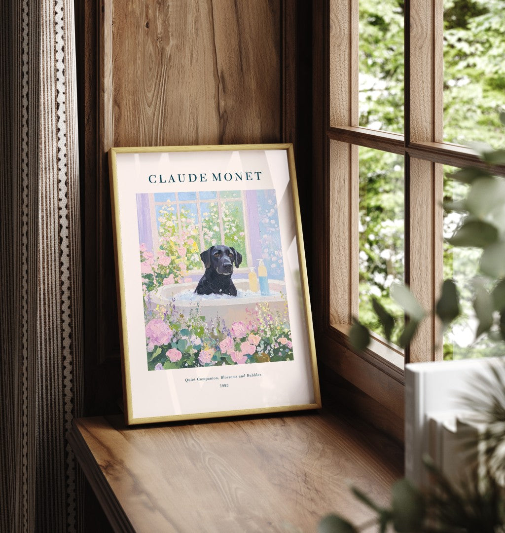 Framed Black Lab bathroom wall art with pastel blossoms and bathtub