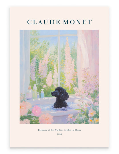 Claude Monet inspired Poodle bathroom art print with pastel blossoms
