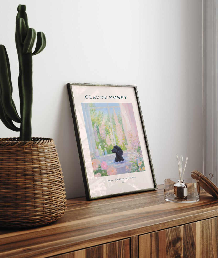 Whimsical Claude Monet Poodle bathroom print with flowers and bath