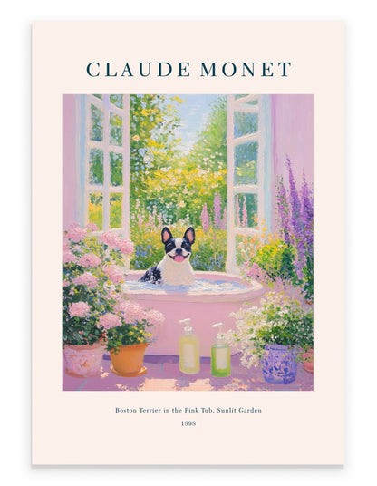 Claude Monet inspired Boston Terrier bathroom art print pink tub