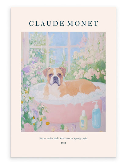 Monet-inspired Boxer dog in bathtub, impressionist bathroom art print