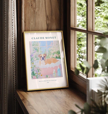 Framed Boxer in tub with blossoms, impressionist bathroom wall art print