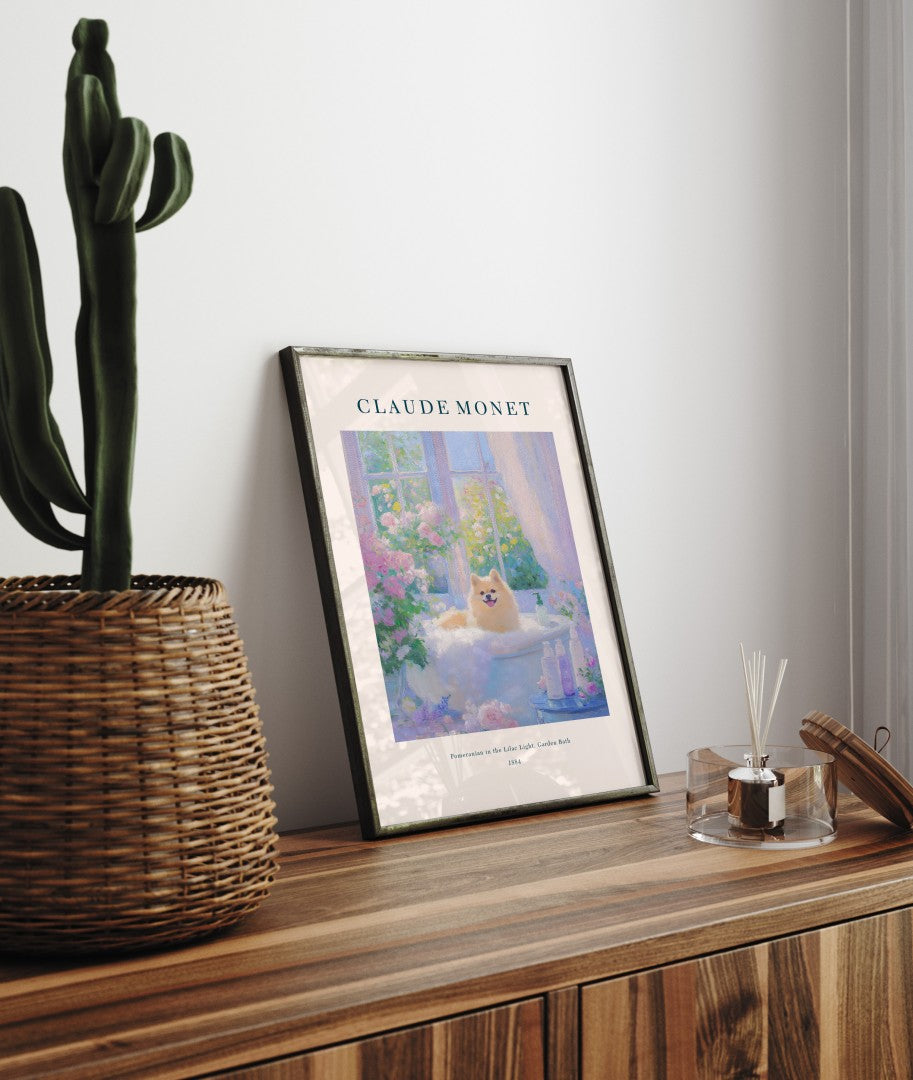 Monet-inspired Pomeranian dog in bubble bath with blossoms, framed bathroom wall art print