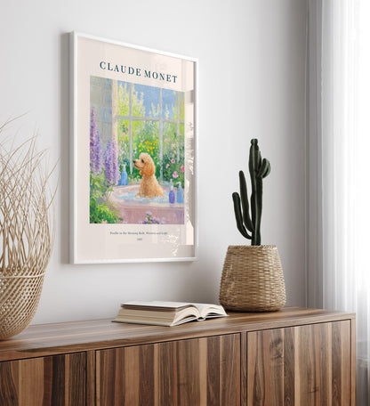 Curly poodle soaking in tub with flowers and light, framed bathroom art print