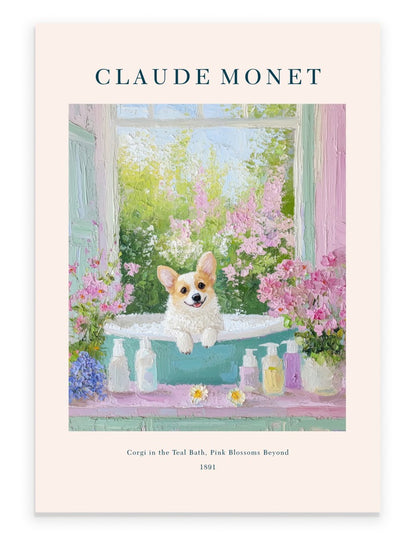 Corgi dog in teal bathtub with blossoms, impressionist bathroom art print