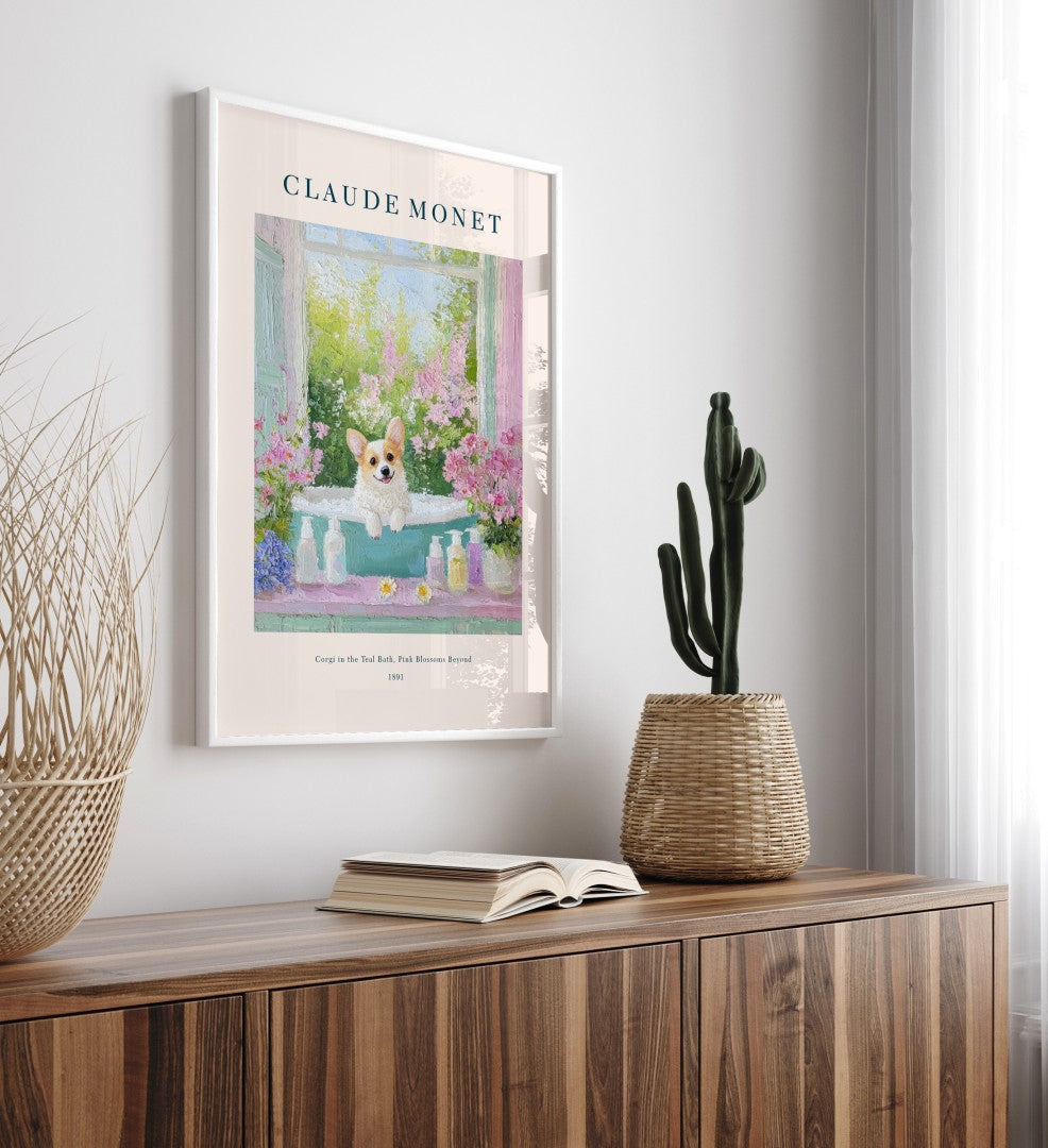 Monet-inspired Corgi soaking in teal bath with floral garden view, framed bathroom art print