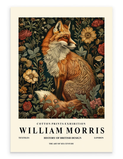 Fox art print with floral background inspired by William Morris