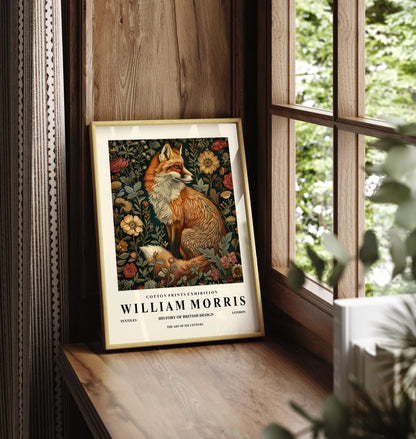 Framed fox art print with decorative flowers in William Morris inspired design