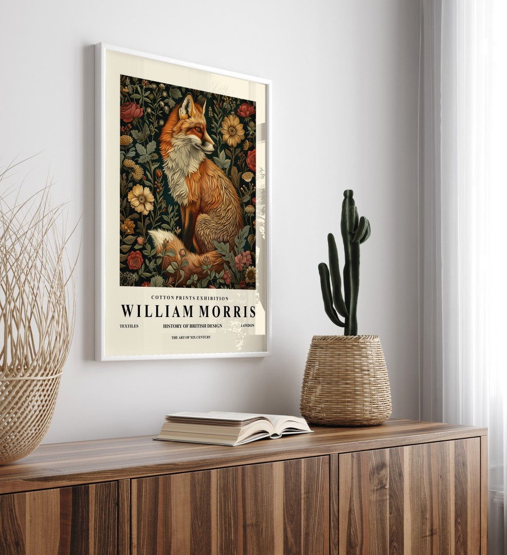 Wildlife fox framed art print in William Morris style with botanical details