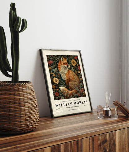 Elegant fox with ornate floral background framed art print inspired by William Morris