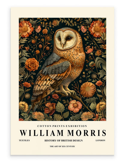 Barn owl art print with botanical background inspired by William Morris