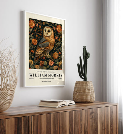 Vintage barn owl framed art print in William Morris style for wall decor