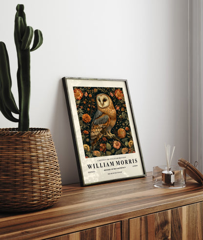 Detailed barn owl with ornate floral background framed art print inspired by William Morris