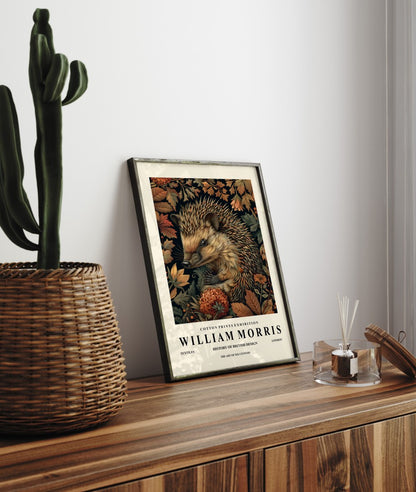 Detailed hedgehog with ornate botanical background framed art print in William Morris style