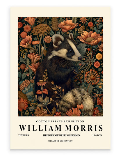 Badger art print with ornate botanical background in William Morris inspired style