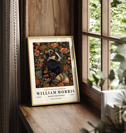Framed badger art print inspired by William Morris with decorative floral design