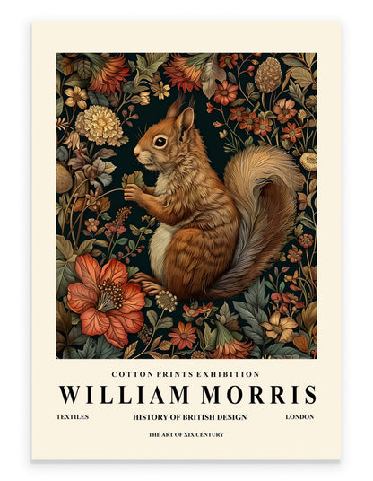 Squirrel art print with botanical background in William Morris inspired style