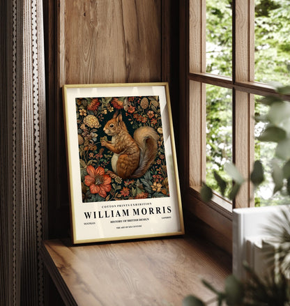 Framed squirrel art print in William Morris style with decorative floral design