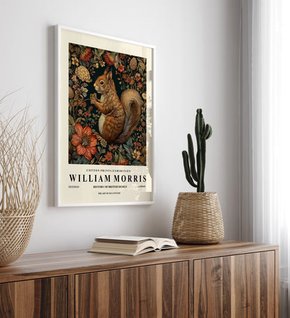 Woodland squirrel framed art print inspired by William Morris for wall decor