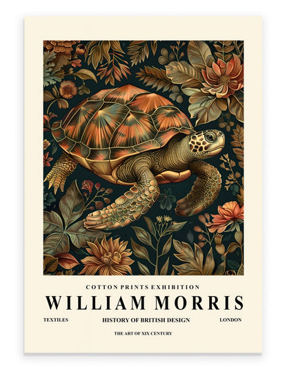 Turtle art print with ornate botanical background in William Morris inspired style