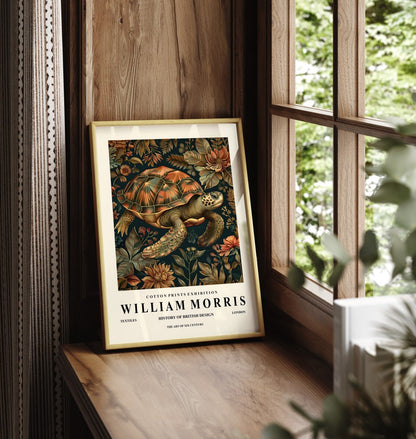 Framed turtle art print inspired by William Morris with decorative floral design