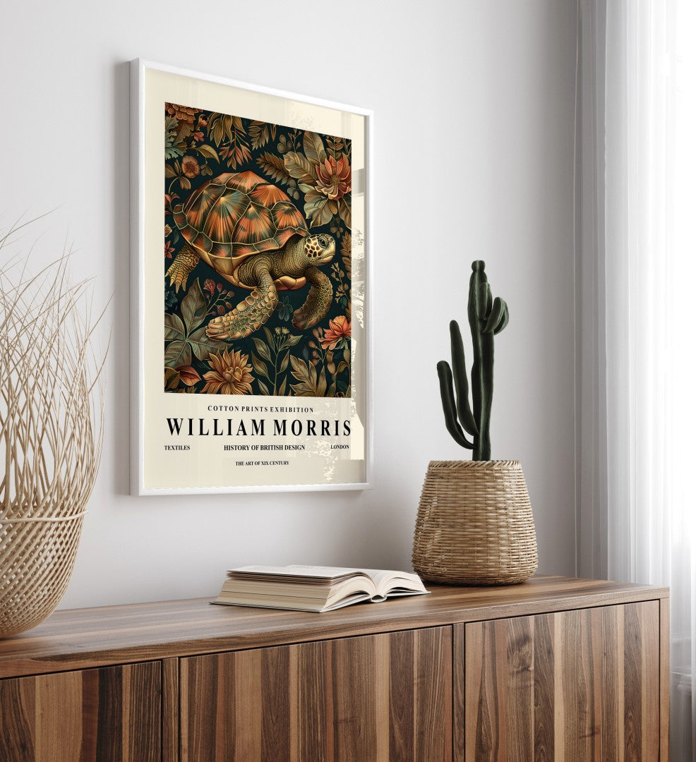 Detailed turtle framed art print in William Morris style for wall decor