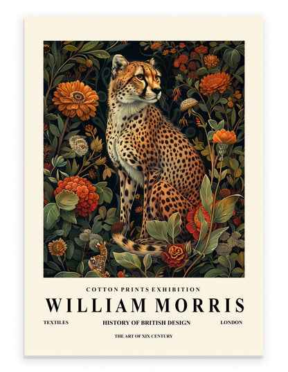Cheetah art print with botanical background in William Morris inspired style