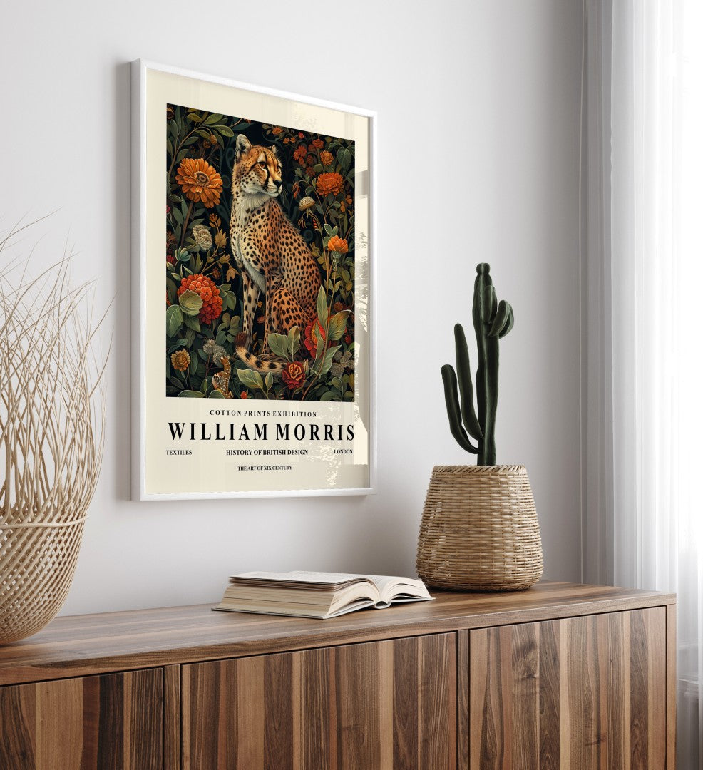 Wildlife cheetah framed art print inspired by William Morris for wall decor