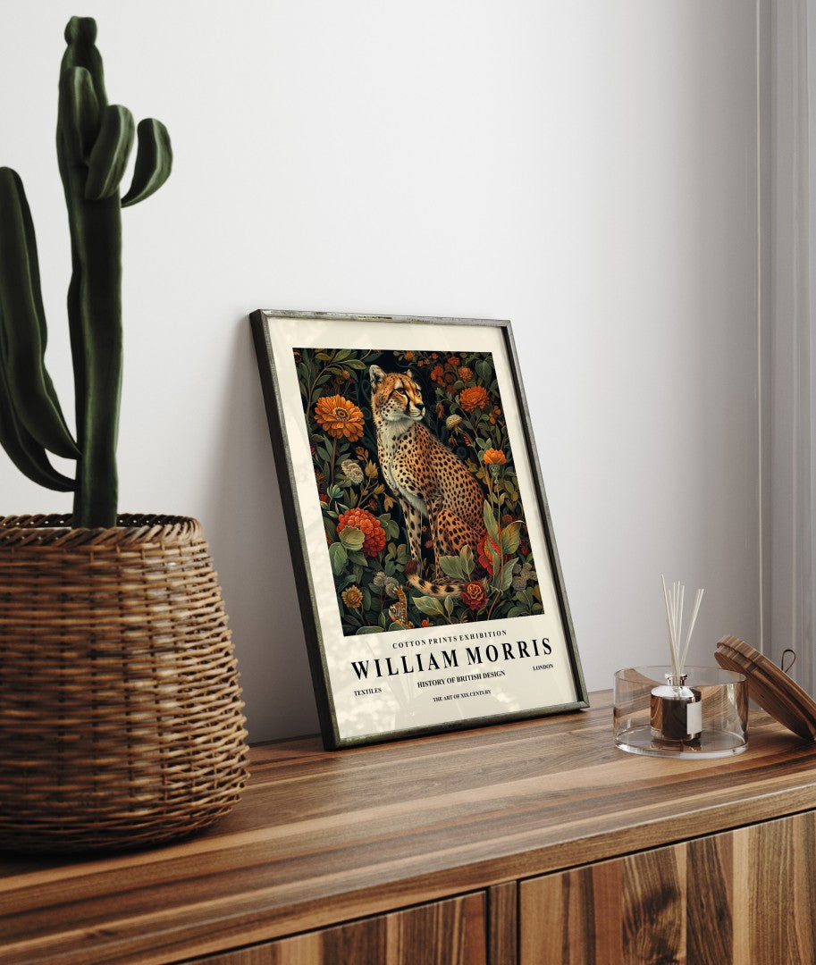 Elegant cheetah with ornate botanical background framed art print in William Morris style