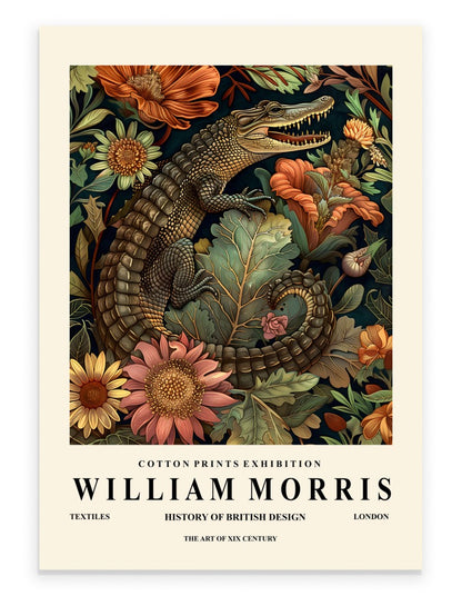 Crocodile art print with ornate botanical background in William Morris inspired style