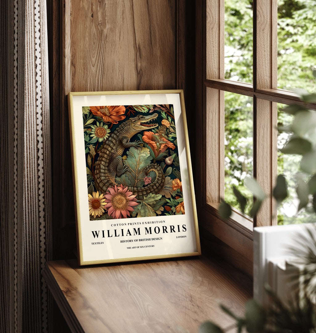 Framed crocodile art print inspired by William Morris with floral design