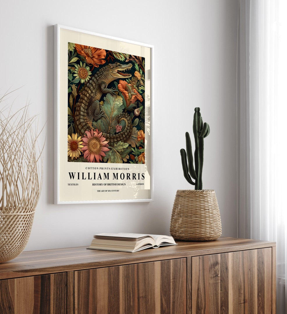 Wildlife crocodile framed art print in William Morris style for wall decor