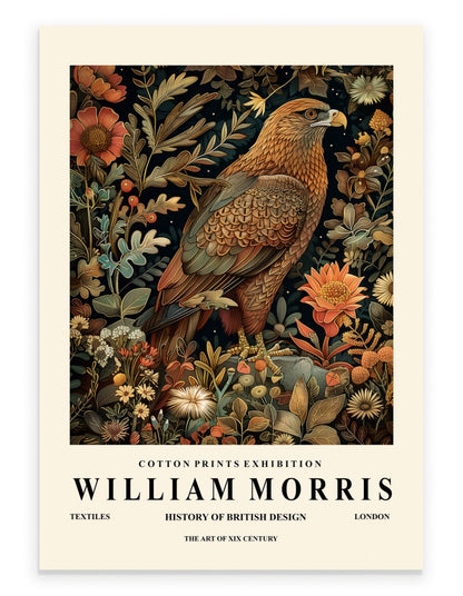Golden eagle art print with ornate botanical background in William Morris inspired style
