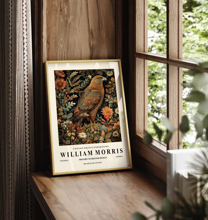Framed golden eagle art print inspired by William Morris with floral design