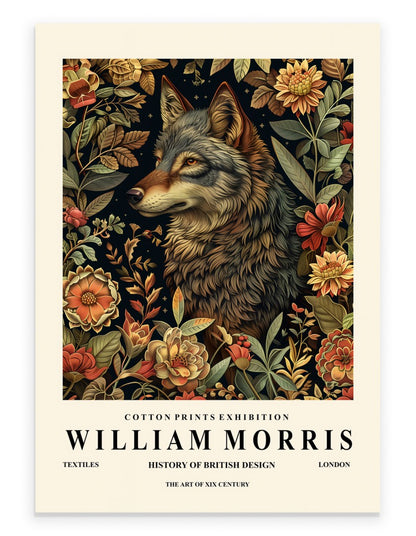 Wolf art print with botanical background in William Morris inspired style