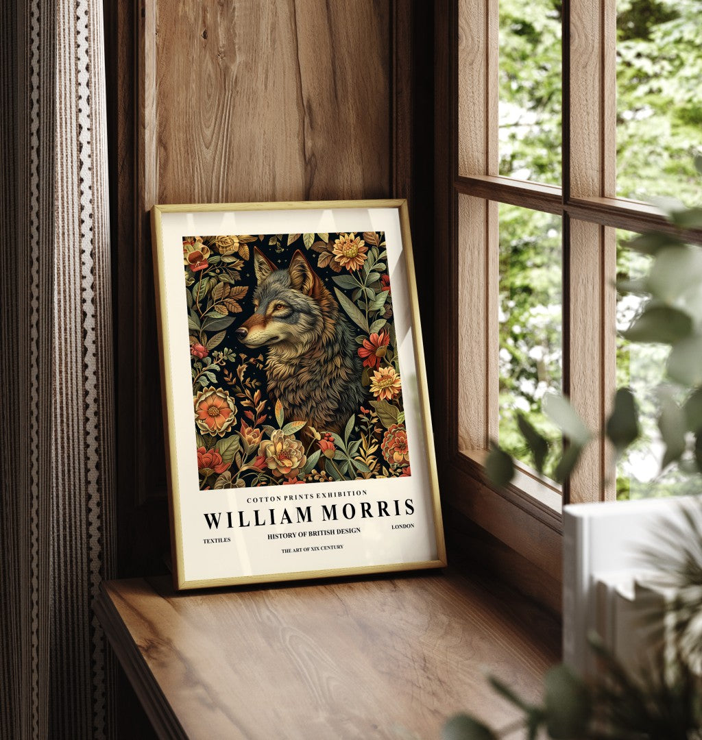 Framed wolf art print inspired by William Morris with ornate floral design