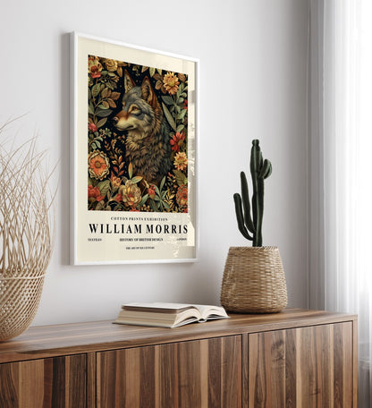 Wildlife wolf framed art print in William Morris style for wall decor