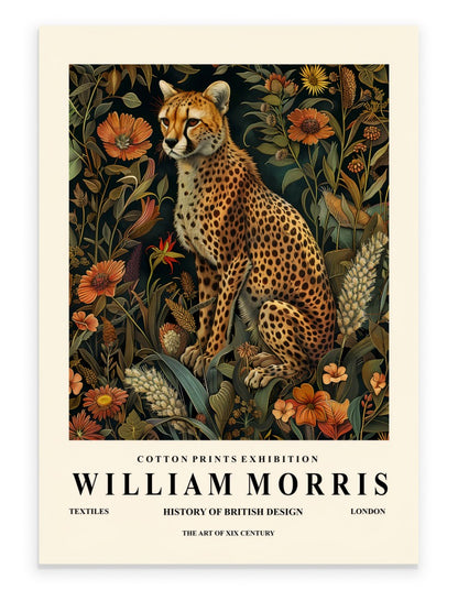 Cheetah art print with ornate botanical background in William Morris inspired style
